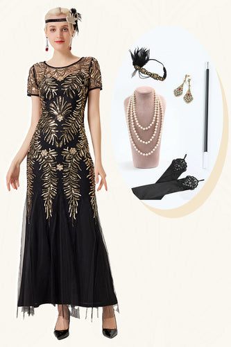 Noir paillettes dorées manches courtes robe longue des années 1920 avec ensemble d’accessoires des années 20