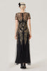 Charger l&#39;image dans la galerie, Noir paillettes dorées manches courtes robe longue des années 1920 avec ensemble d’accessoires des années 20