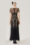 Noir paillettes dorées manches courtes robe longue des années 1920 avec ensemble d’accessoires des années 20