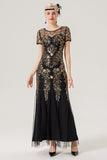 Noir paillettes dorées manches courtes robe longue des années 1920 avec ensemble d’accessoires des années 20
