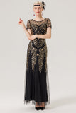 Noir paillettes dorées manches courtes robe longue des années 1920 avec ensemble d’accessoires des années 20