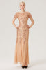 Charger l&#39;image dans la galerie, Champagne paillettes manches courtes robe longue des années 1920 avec ensemble d’accessoires des années 20