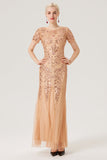 Champagne paillettes manches courtes robe longue des années 1920 avec ensemble d’accessoires des années 20