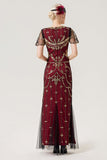 Robe longue à paillettes bordeaux des années 1920 avec ensemble d’accessoires des années 20