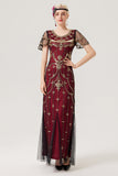 Robe longue à paillettes bordeaux des années 1920 avec ensemble d’accessoires des années 20