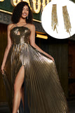 Robe de bal plissée scintillante à bretelles spaghetti dorées avec accessoires