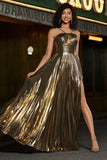 Robe de bal plissée scintillante à bretelles spaghetti dorées avec accessoires