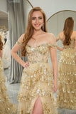 Princesse A-Line Robe de bal à plusieurs niveaux dorés à épaules dénudées avec ensemble d’accessoires