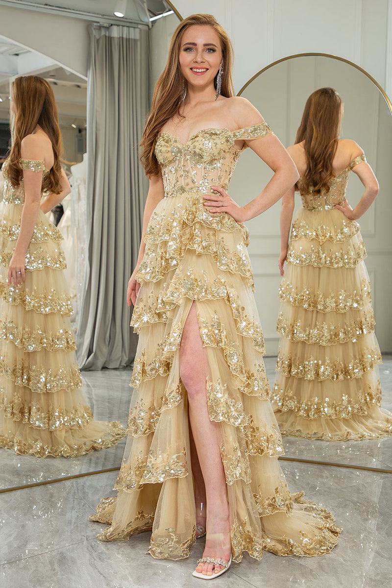 Charger l&#39;image dans la galerie, Princesse A-Line Robe de bal à plusieurs niveaux dorés à épaules dénudées avec ensemble d’accessoires