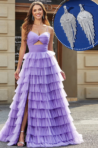 Robe de bal longue trapèze en tulle violet avec ensemble d’accessoires