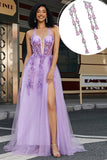 Magnifique une ligne dos nu cou gris violet violet Corset Applique robe de bal avec accessoires ensemble