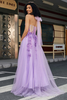 Magnifique une ligne dos nu cou gris violet violet Corset Applique robe de bal avec accessoires ensemble
