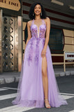 Magnifique une ligne dos nu cou gris violet violet Corset Applique robe de bal avec accessoires ensemble