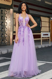 Magnifique une ligne dos nu cou gris violet violet Corset Applique robe de bal avec accessoires ensemble