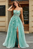 Charger l&#39;image dans la galerie, A-ligne vert Tulle Corset Applique Longue robe de bal avec accessoires ensemble