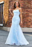 Robe de bal longue longue sirène perlée bleu clair avec accessoires ensemble