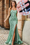 Robe de bal longue verte à bretelles spaghetti sirène tendance avec dos croisé et accessoires