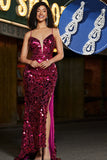 Sirène scintillante bretelles spaghetti fuchsia paillettes longue robe de bal avec accessoires ensemble