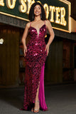 Sirène scintillante bretelles spaghetti fuchsia paillettes longue robe de bal avec accessoires ensemble