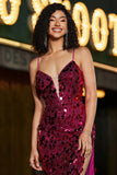 Sirène scintillante bretelles spaghetti fuchsia paillettes longue robe de bal avec accessoires ensemble