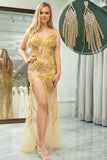 Superbe sirène bretelles spaghetti or fendu devant robe de bal avec accessoires ensemble