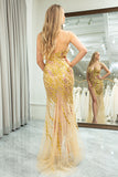 Superbe sirène bretelles spaghetti or fendu devant robe de bal avec accessoires ensemble