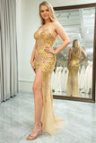 Superbe sirène bretelles spaghetti or fendu devant robe de bal avec accessoires ensemble