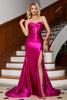 Charger l&#39;image dans la galerie, Hot Rose bustier Satin Corset longue robe de bal avec accessoire