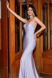 Robe de bal longue à bretelles spaghetti sirène lilas avec accessoire