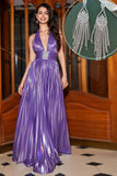 Robe de bal violet plissée dos nu scintillant avec accessoire