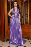 Robe de bal violet plissée dos nu scintillant avec accessoire