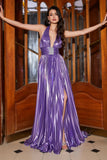 Robe de bal violet plissée dos nu scintillant avec accessoire