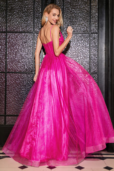 Robe de bal longue Corset A-ligne rose vif avec accessoire