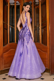 Robe longue de sirène violet scintillant avec accessoire