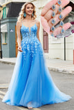 Bleu A Line Appliques Tulle Longue Robe de bal avec accessoire