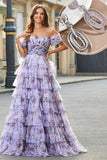 Manches amovibles Robe de bal à plusieurs niveaux imprimée violette avec accessoire