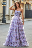 Manches amovibles Robe de bal à plusieurs niveaux imprimée violette avec accessoire
