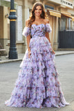 Manches amovibles Robe de bal à plusieurs niveaux imprimée violette avec accessoire