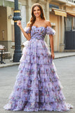 Manches amovibles Robe de bal à plusieurs niveaux imprimée violette avec accessoire
