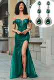 Robe de bal en Tulle Appliques d’épaules dénudées vert foncé avec accessoire
