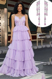 Robe de bal corset à plusieurs niveaux Purple Princess A Line avec accessoire