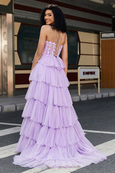 Robe de bal corset à plusieurs niveaux Purple Princess A Line avec accessoire
