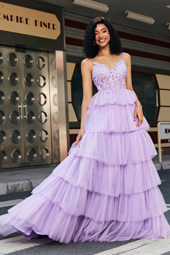 Robe de bal corset à plusieurs niveaux Purple Princess A Line avec accessoire