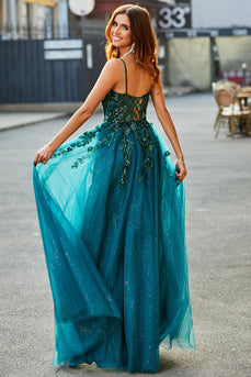 Magnifique une ligne vert foncé appliques longue robe de bal avec accessoire