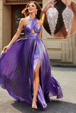 Superbe une ligne dos nu col violet longue robe de bal avec accessoire