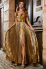 Charger l&#39;image dans la galerie, Superbe robe de bal longue dorée à col en V avec accessoire
