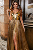 Charger l&#39;image dans la galerie, Superbe robe de bal longue dorée à col en V avec accessoire