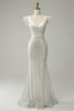 Charger l&#39;image dans la galerie, Paillettes blanches V col sirène longue robe de soirée avec plumes