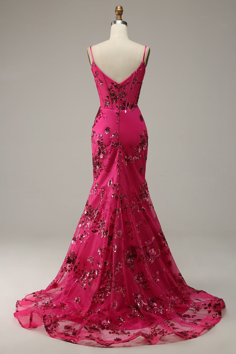 Charger l&#39;image dans la galerie, Robe de bal Rose vif Paillettes imprimée Sirène