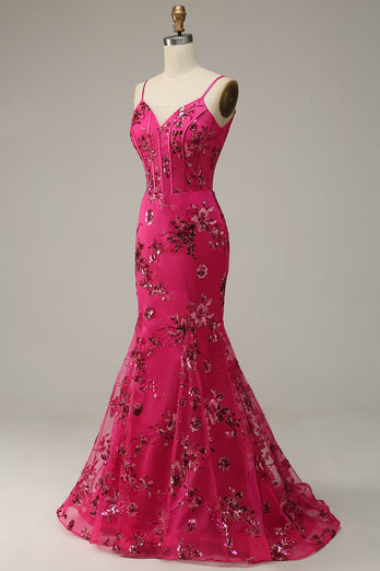 Robe de bal Rose vif Paillettes imprimée Sirène